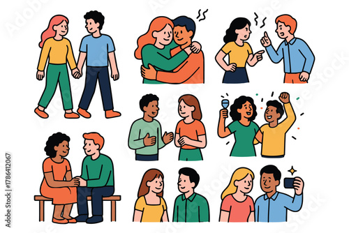 Diverse group of friends and couples interacting in various positive social situations