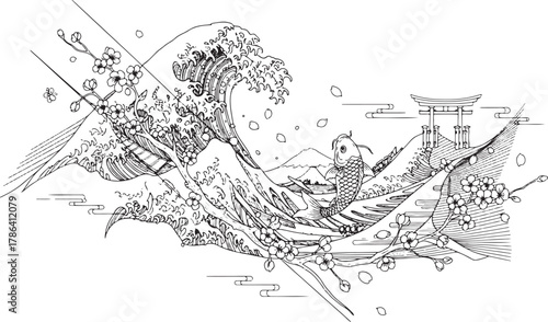 Koi Fish Riding Great Wave and Cherry Blossom Frame