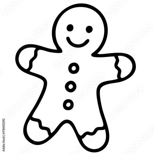 Simple black outline drawing of a smiling gingerbread man cookie with round buttons and curved limbs, perfect for Christmas coloring pages or festive designs.