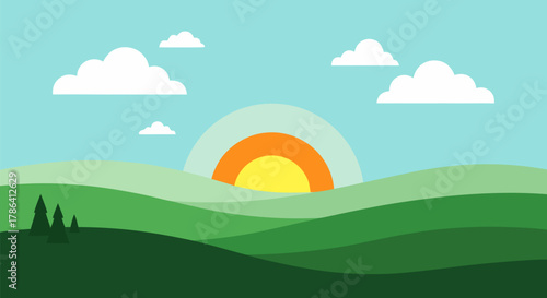 Clean vector landscape illustration with rolling green hills and a vibrant rising or setting sun, adorned with simple clouds against a clear blue sky, depicting natural serenity