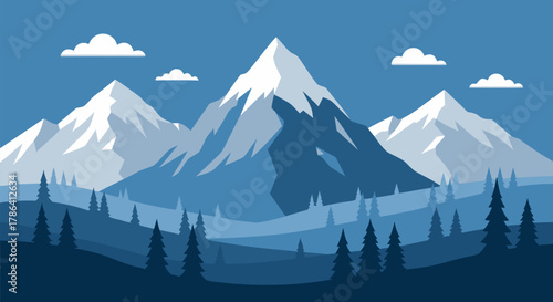 Blue Mountain Landscape Illustration with Trees, Sky and Clouds