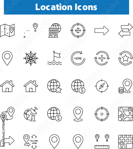 Maps icon set. Containing maps, location, GPS, navigation, city map, atlas, route, direction, pin and more
