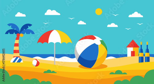 A vibrant illustration of a beach scene with a palm tree, beach ball, umbrella, and ocean waves under a clear sky