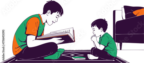 A young boy reads aloud to a younger sibling, sharing a book.