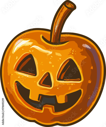 A shiny orange jack-o'-lantern with a carved smiling face and a tall brown stem, glowing with a festive Halloween vibe.
