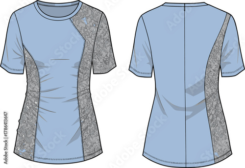 Women's athletic shirt, front and back view, light blue sportswear, technical fashion sketch, fitted silhouette, textured panels, apparel design, activewear