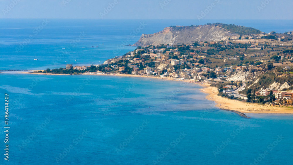 Fototapeta premium Panorama of a promontory overlooking the Mediterranean Sea. This is Capo Rossello, in the province of Agrigento, Sicily, Italy.