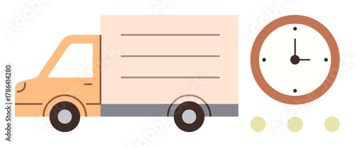 Orange delivery truck beside an analog clock, emphasizing punctual transport and delivery. Ideal for shipping, logistics, supply chain, punctuality, time management, e-commerce, business planning