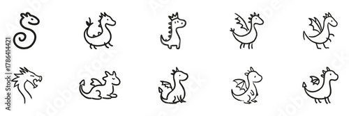 Cute Dragon Line Icon Set In Doodle Style. Fantasy Creature, Mythical Beast, And Imaginative Character Outline Sketch Collection. Hand Drawn Isolated Vector Illustration