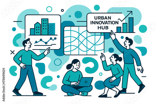 Digital City Innovations. Urban Innovation Hub. People interact with large digital screens showing city