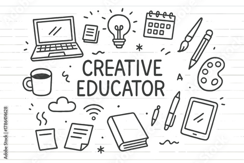 Creative Educator Doodles. Creative Educator. Hand-drawn doodle illustration of Creative Educator. laptop,