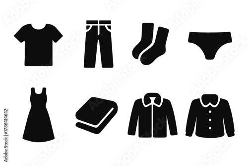 Black Clothing Icons. Clothing types. Filled icon set of clothing types: t-shirt, jeans, socks, undergarments,