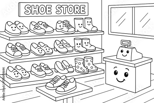 Friendly Shoe Store. Shoe store children?s coloring book illustration, outlined drawing, cartoon shop with