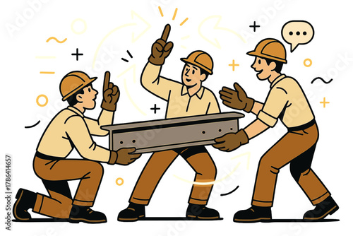 Dynamic Teamwork Illustration. Team coordination. Crew signaling each other while lifting steel beams; glowing