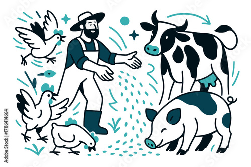 Vibrant Farm Feeding. Feeding time. A farmer scattering feed, chickens fluttering, pigs munching, and cows