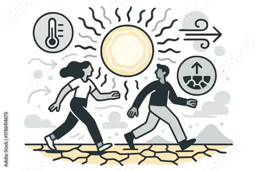 Desertification Acceleration. Climate change impact. Glowing sun and heatwaves over arid land, abstract