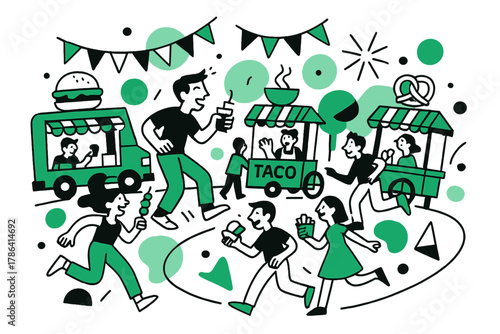 Vibrant Street Food Fest. Street food festival. Colorful food trucks and carts line a curved path with joyful