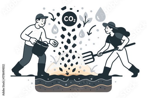 Dynamic Biochar Scene. Biochar application. Glowing soil layers enriched with abstract floating biochar
