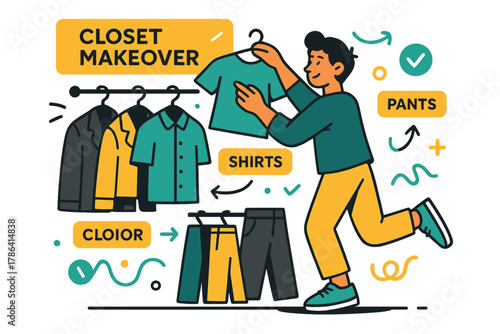 Organized Closet Makeover. Closet makeover. Individual arranging clothes by color and style; glowing lines and