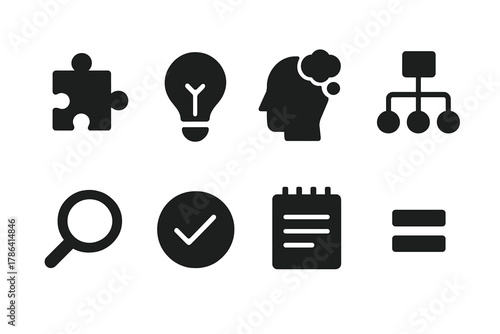 Problem Solving Icons. Problem solving. Filled icon set of problem solving: puzzle piece, lightbulb idea,