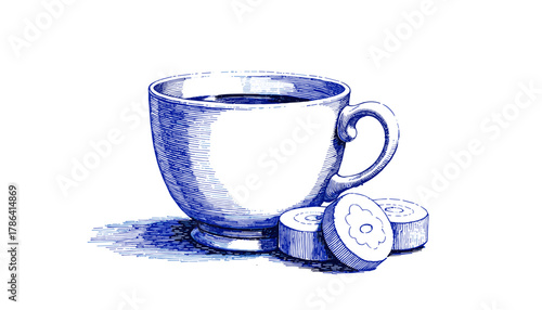 Vintage sketch of a cup with throat lozenges in blue ink  