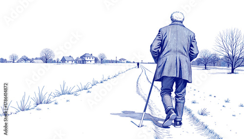 Old man walking on snow path in vintage blue ink sketch style  
