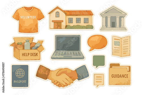 Community Welcome Stickers. Community Welcome Set. Realistic hand-painted watercolor style sticker sheet of