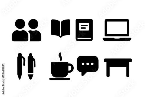 Study Group Icons. Study group. Filled icon set of study group: two students, open book, shared notebook,