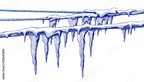 Vintage sketch of icicles on power lines in blue ink  