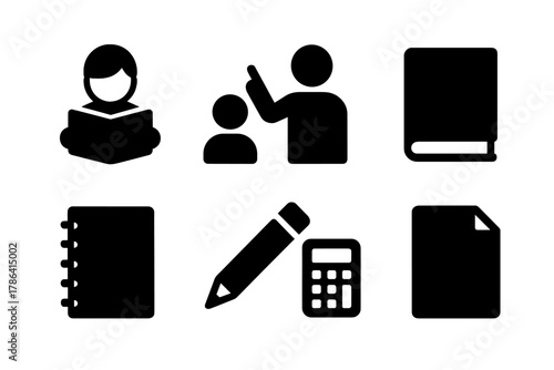 Learning Icons Set. Learning Together. Filled icon set of Learning Together: child reading, parent pointing,