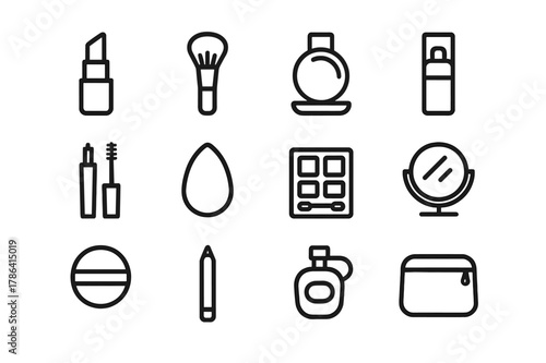 Makeup Icon Grid. Makeup essentials. Line outline icon set of makeup essentials: lipstick, brush, compact