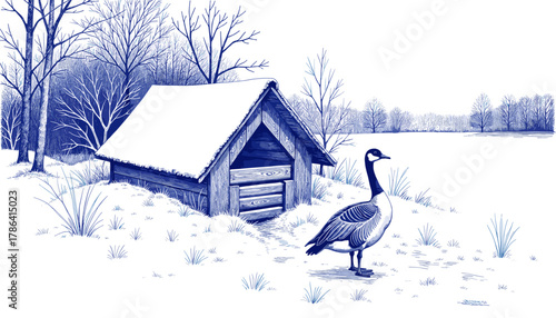 Vintage sketch of a goose shelter in winter with blue ink drawing  