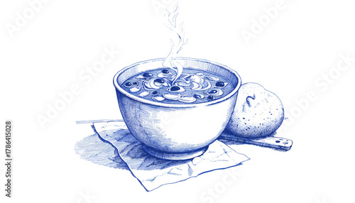 Vintage sketch in blue ink of steaming soup bowl with sourdough  