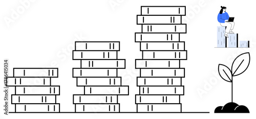 Stacks of coins increasing in height, a woman sitting on coins with a laptop, and a growing plant. Ideal for finance, investment, savings, growth, sustainability wealth and motivation. Simple flat