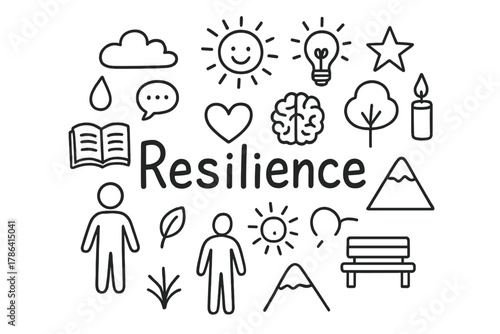 Resilience Doodle. Resilience. Hand-drawn doodle illustration of Resilience. person standing, heart, brain,