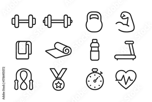 Strength Training Icons. Strength training. Line outline icon set of strength training: dumbbell, barbell,