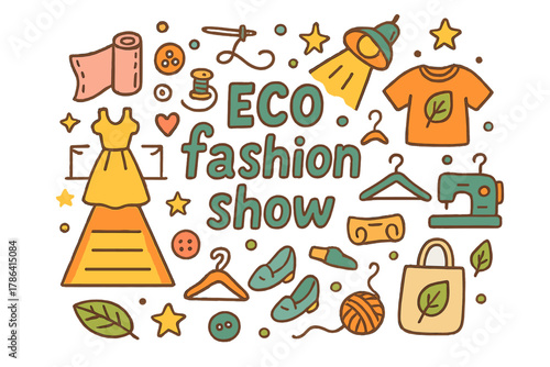 Eco Fashion Extravaganza. Eco fashion show. Hand-drawn doodle illustration of Eco fashion show. Runway, dress,