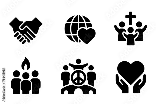 Faith and Unity Icons. Faith and unity. Filled icon set of faith and unity: interlocked hands, globe with