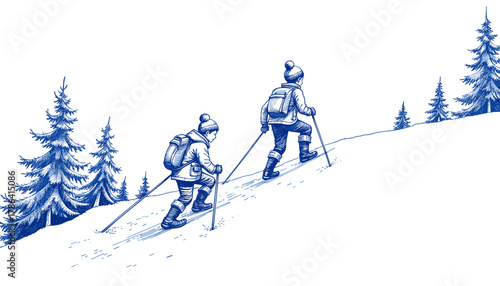 Two children climbing snowy hill in blue ink vintage sketch style - Concept of Vintage sketch with pen and blue ink  