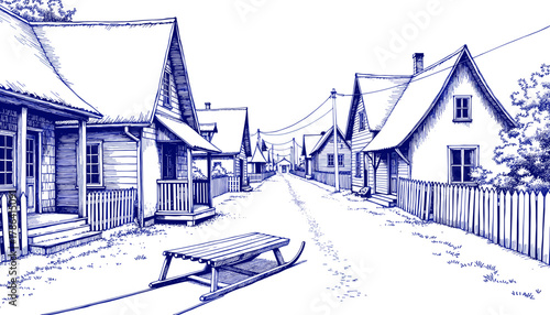 Vintage sketch with blue ink of village alley with sled  