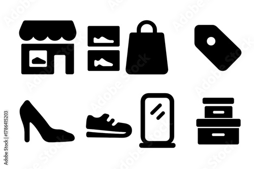 Shoe Store Icons. Shoe store. Filled icon set of shoe store: storefront, shoe display, shopping bag, price tag