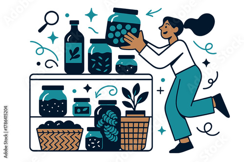 Aesthetic Pantry Design. Decorative pantry. Glass jars, baskets, and vibrant containers arranged aesthetically