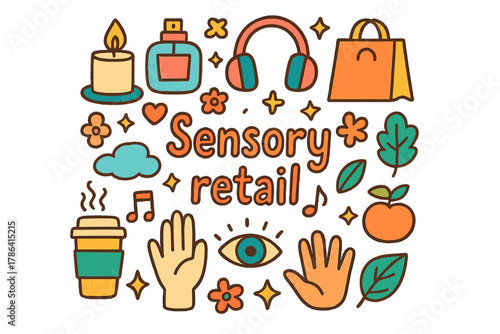 Sensory Retail Illustration. Sensory retail. Hand-drawn doodle illustration of sensory retail. Candle, perfume