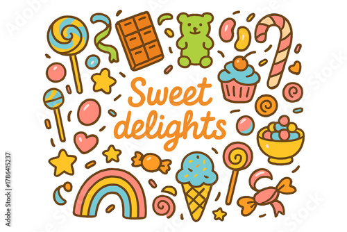 Sweet Delights Collection. Sweet delights. Hand-drawn doodle illustration of Sweet delights. Lollipops,