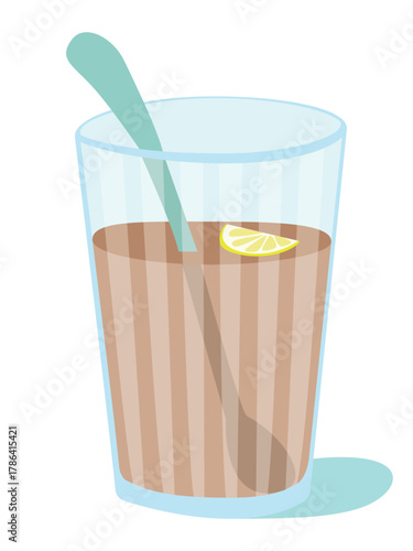 Tea with a slice of lemon in a glass. Vector illustration.