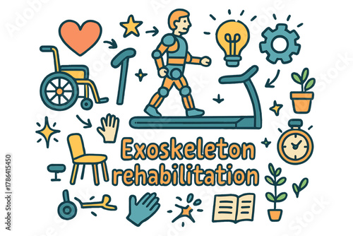 Exoskeleton Rehab Doodle. Exoskeleton rehabilitation. Hand-drawn doodle illustration of exoskeleton