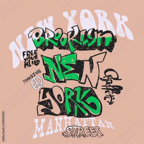 Graffiti t-shirt design. hand drawing typography t-shirt design. new York city name print design. Manhattan street graffiti artwork.