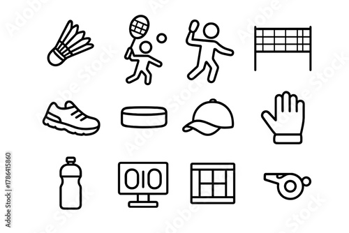 Outdoor Play Icons. Playing outdoors. Line outline icon set of playing outdoors: shuttlecock, racket, player,