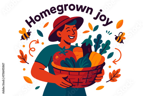 Homegrown Harvest Joy. Harvest time. A person proudly holds a basket full of fresh vegetables, surrounded by