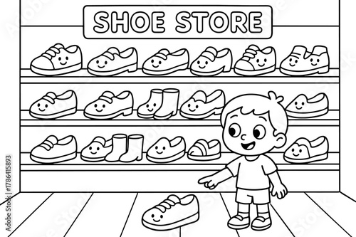 Smiling Shoes Shop. Shoe store children?s coloring book illustration, outlined drawing, cartoon shop with